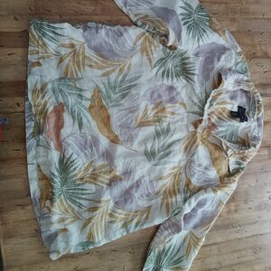 Tahari Multicolor Leaf Print Linen Tunic Lagenlook Vacation Tropical